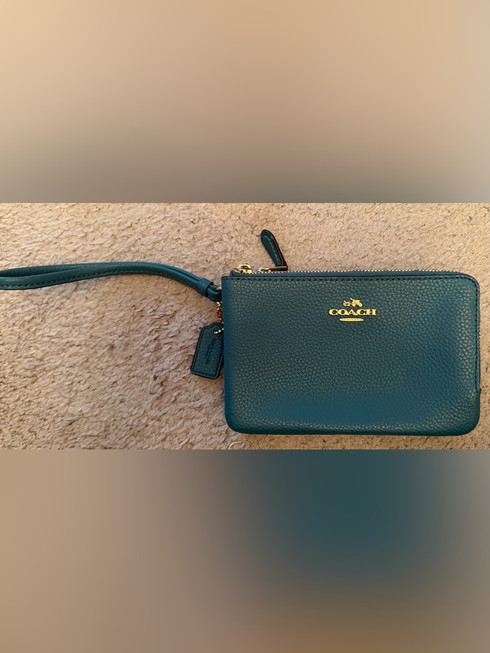 Coach Teal Pebbled Leather Wristlet with Gold Hardware